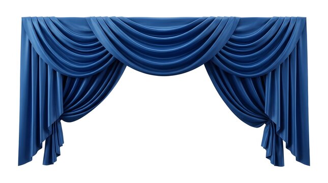 Elegant dark blue velvet curtain drape with swags and decorative folds for luxury interior window decoration isolated on a clean white background