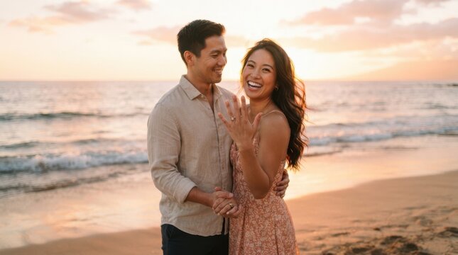 Joyful couple celebrates engagement on a tropical beach at sunset