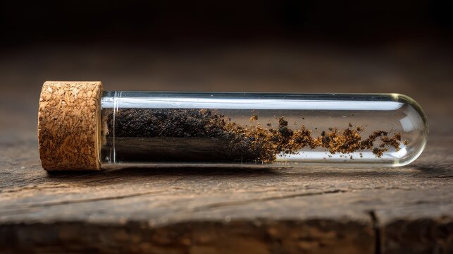 Soil sample in test tube, A clear glass jar containing an assortment of colorful powders