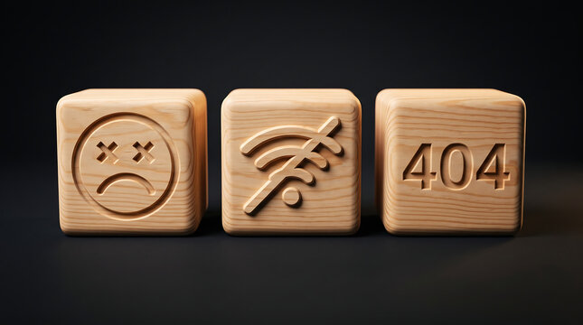 Conceptual wooden blocks showing internet connection lost 404 error and unhappy face connection internet business technology communication unavailable computer