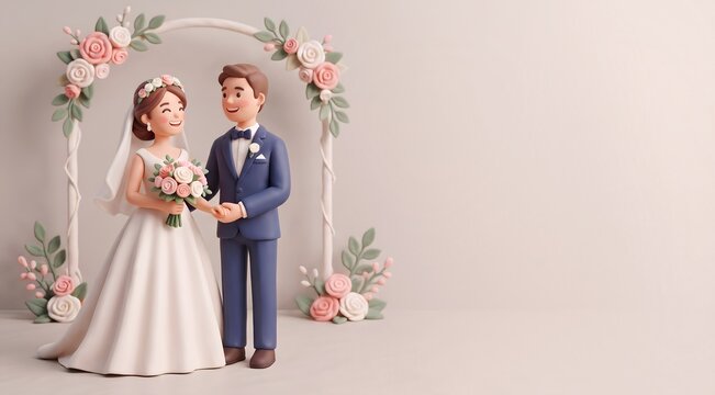 3D clay style wedding couple under floral arch with copy space