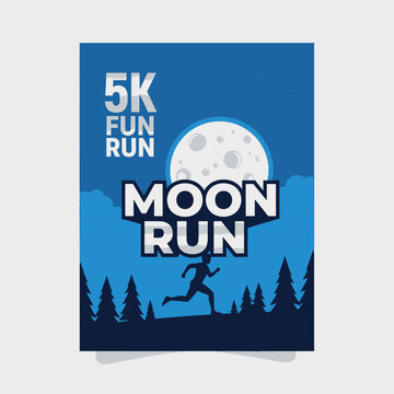 Nighttime 5k Moon Run Event Poster With Silhouette Runner And Forest