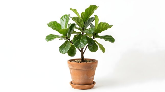 Small green fiddle leaf fig plant growing in a simple brown terracotta clay flower pot isolated on a clean white background