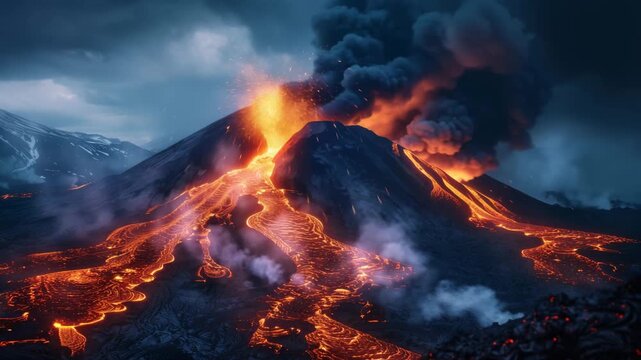 Dramatic Active Volcano Eruption with Flowing Lava and Ash Clouds