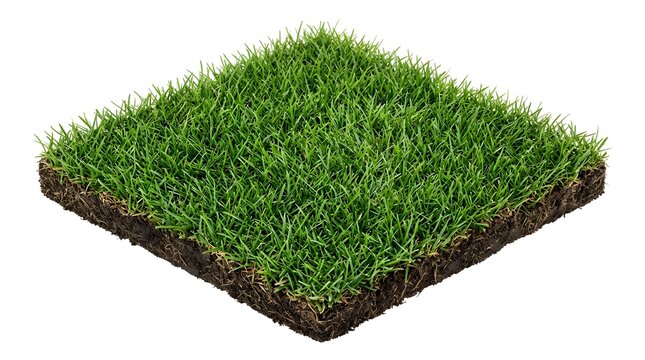 Square patch of green artificial turf grass with a black rubber base isolated on a white background