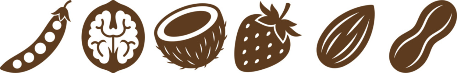 Collection of six simple brown monochromatic icons representing a pea pod, walnut, coconut half, strawberry, almond nut, and a peanut on white background.