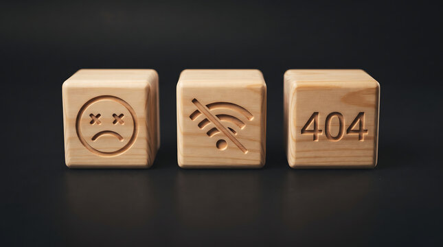 Wooden blocks with 404 error offline sad face symbols representing website connection issues connection internet business technology communication unavailable