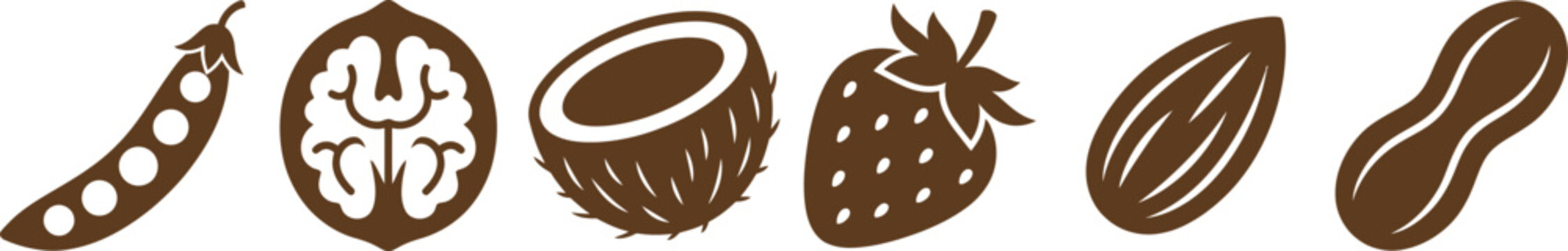 Collection of six simple brown monochromatic icons representing a pea pod, walnut, coconut half, strawberry, almond nut, and a peanut on white background.
