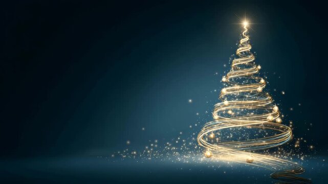 Elegant Golden Christmas Tree with Sparkling Lights on Blue Background