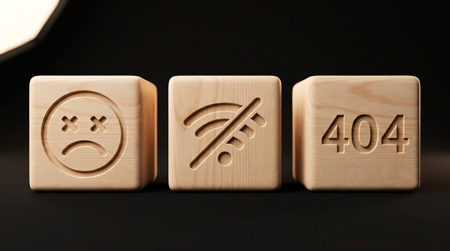 Three wooden blocks standing on dark surface showing sad emoticon no connection symbol and number four zero four error code representing failed digital service connection.