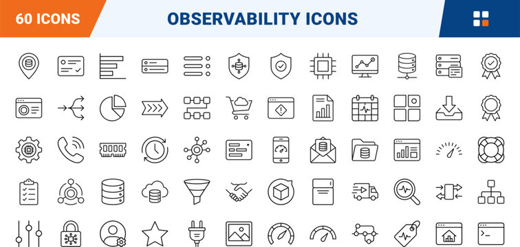 Ai observability platform kit line icon set. Vector pictograms of cloud, monitoring, system, and metrics elements, thin linear illustration.
