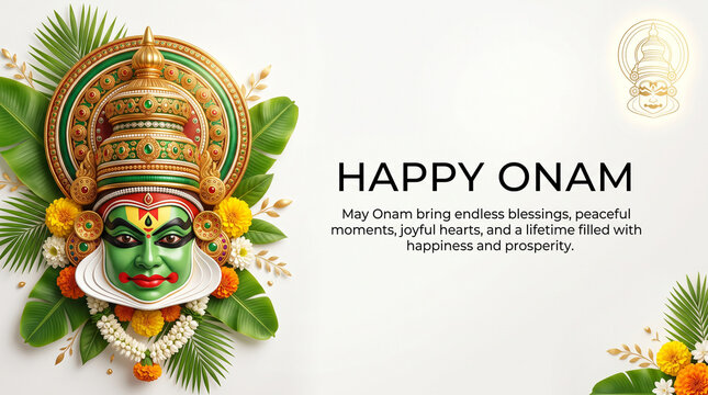 Kathakali mask with ornate golden crown, green face paint, and red lips, framed by green banana leaves and yellow marigold flowers, on a white background, with happy onam text