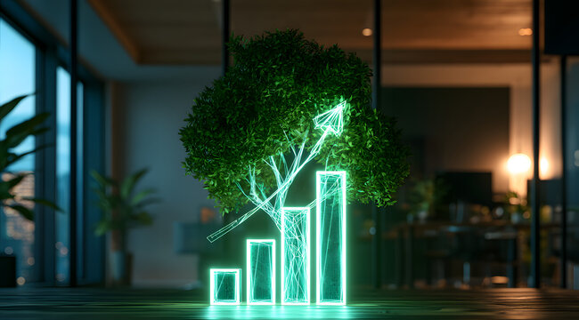 A radiant digital bar graph and a rising arrow emanating from a luminous geometric tree appear; these icons signify sustainable financial progress in a contemporary workspace.