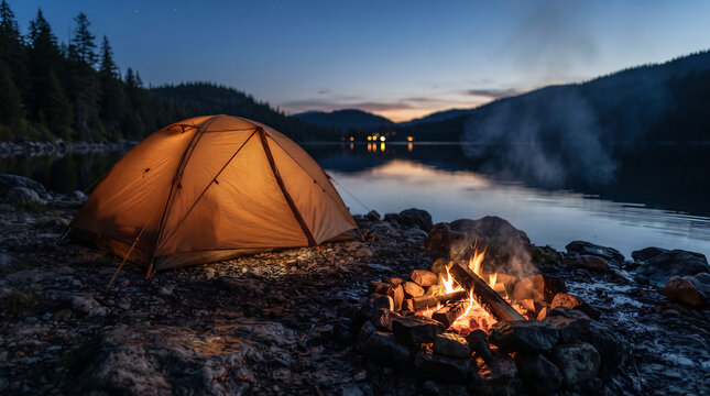 Lit camping tent and glowing bonfire by the lake at night with adventure twilight wilderness vacation landscape relaxing peaceful reflection mountains traveler