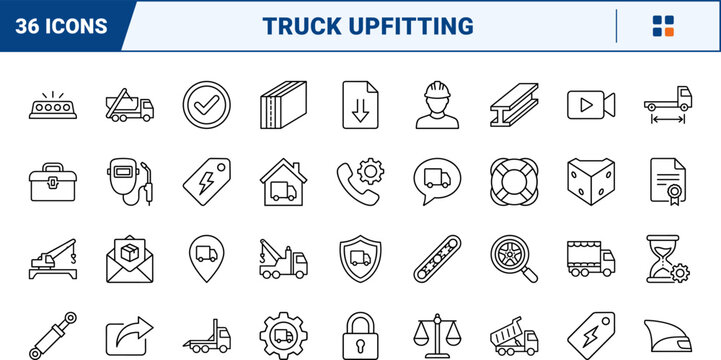 Commercial truck body builder line icon set. Vector pictograms of vehicle, upfitting, chassis, and box elements, thin linear illustration.
