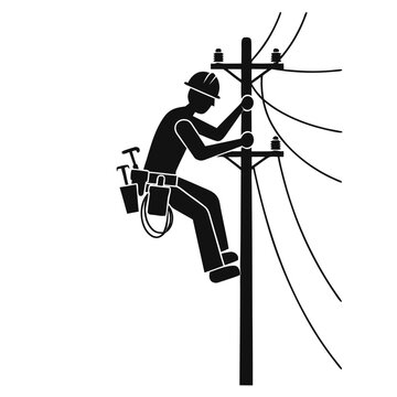 Electrician lineworker climbing utility pole vector, electrical technician repairing power lines silhouette, maintenance worker icon