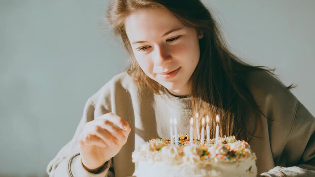 A young woman prepares to celebrate her birthday by lighting candles on a cake, surrounded by natural light. The scene captures happiness, youth, and a festive mood in a serene home setting