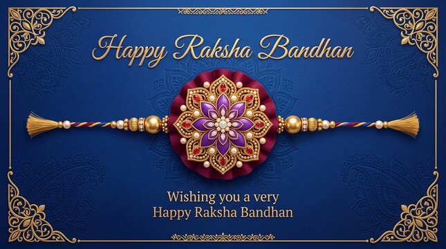 Happy Raksha Bandhan vector illustration banner with a central designer rakhi and text on a premium blue background.
