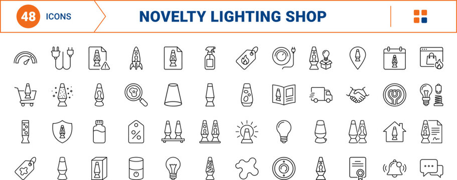 Lava Lamp Shop Icons line icon set. Vector pictograms of lighting, decor, store, and order elements, thin linear illustration.