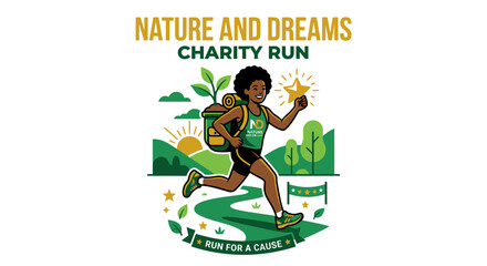 Fototapeta premium Nature And Dreams Charity Run Event Illustration With Star Achievement
