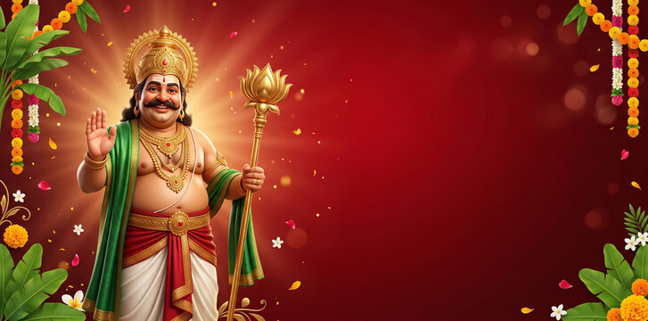 Hindu deity lord kubera standing with a golden mace, wearing an ornate crown and traditional jewelry against a deep red background, with glowing light, rays and hanging, floral garlands