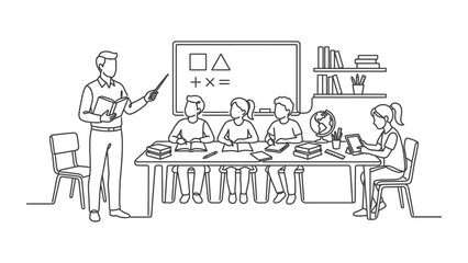 Obraz premium Classroom learning scene with teacher instructing students at desks