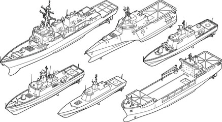 Isometric line art collection of naval warships and military fleet vessels in black and white © Lalchan