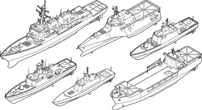 Isometric line art collection of naval warships and military fleet vessels in black and white