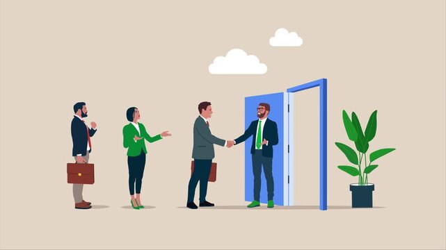 Businessman handshake welcome and introduce new staff to team. Onboarding employee, warm welcome to new office, orientation training on first day.