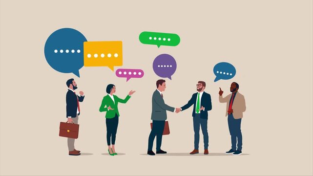 Business team coworker discussing work in meeting with speech bubbles. Discussion, conversation, meeting, team communication, colleague chatting, opinion. 