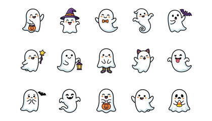 Fototapeta premium Set of cute hand drawn ghost characters for halloween celebration featuring various funny expressions and festive holiday accessories