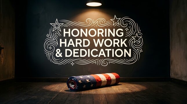 Honoring hard work and dedication sign. American flag tribute for labor day celebration.