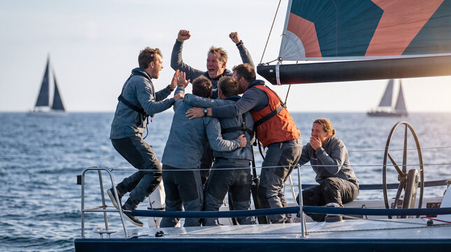 Team of sailors celebrating victory on a yacht in the ocean  