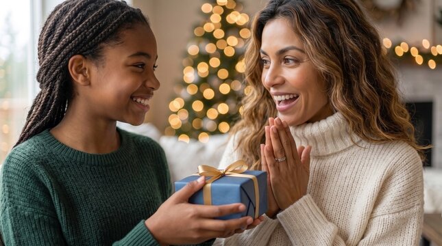 Surprised happy mother receiving blue Christmas gift box from her teenage daughter with braids near glowing holiday tree, festive family gift giving and surprise moment at home.