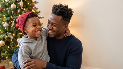 Fototapeta premium Happy african american father embracing young son wearing red beanie hat near christmas tree. Laughing black dad hugging boy enjoying festive winter holidays together at home with copy space.