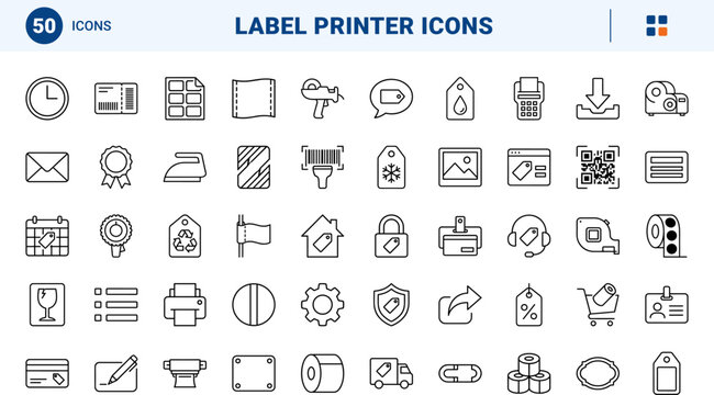 Label maker shop line icon set. Vector pictograms of thermal, printer, adhesive, and sticker elements, thin linear illustration.
