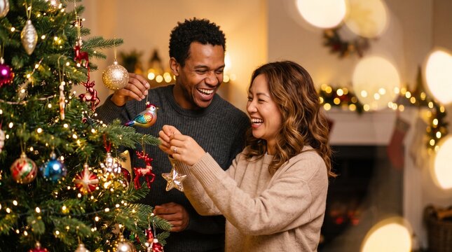 Smiling Black man and Asian woman decorating Christmas tree with colorful hanging ornaments, happy multicultural couple celebrating winter holidays together in cozy home interior.
