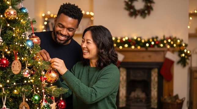 Happy diverse couple decorating Christmas tree together at home, smiling Asian woman and Black man hanging festive ornament bauble near fireplace, winter holiday preparation concept.