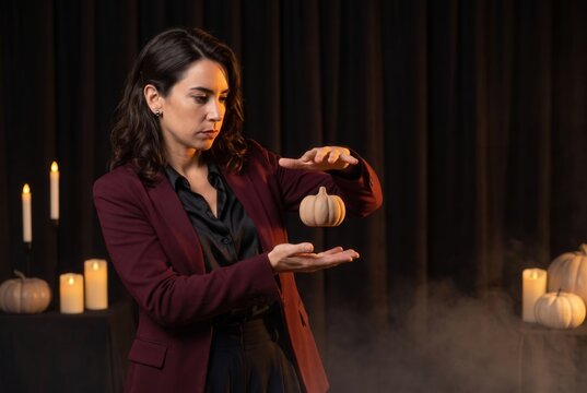 Woman performing magic, levitating a decorative pumpkin in a mystic setting with candles and smoke