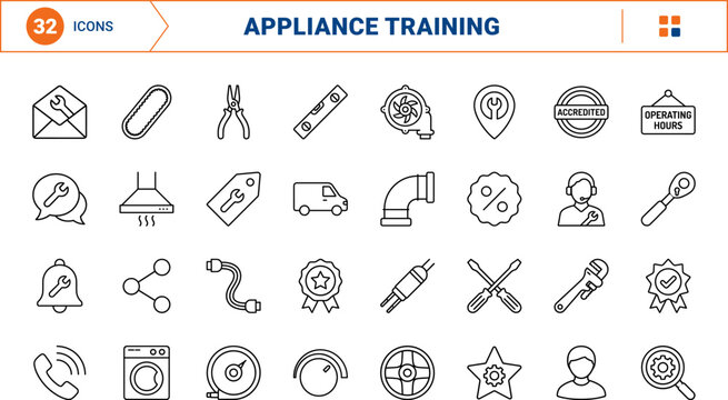 Appliance repair training platform kit line icon set. Vector pictograms of technician, service, academy, and maintenance elements, thin linear illustration.