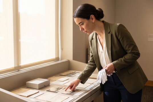 Woman archivist carefully examining old documents and vintage photographs displayed in a collection