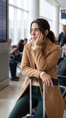 Fototapeta premium Woman feeling bored and frustrated while sitting with luggage at airport gate