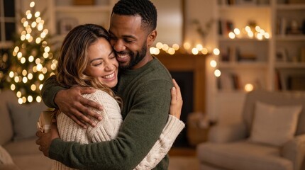 Fototapeta premium Happy multiracial couple embracing intimately in cozy room with glowing Christmas tree and burning fireplace, celebrating winter holiday season with love, tenderness and festive atmosphere.