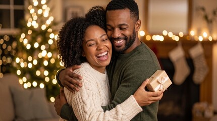 Fototapeta premium Happy African American couple hugging with gift box by decorated Christmas tree at home, cheerful black man and woman celebrating winter holiday, cozy romantic moment, festive family portrait