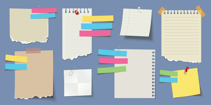 Collection of colorful sticky notes, torn paper sheets, and notebook pages pinned and taped on blue background, isolated office and school stationery elements