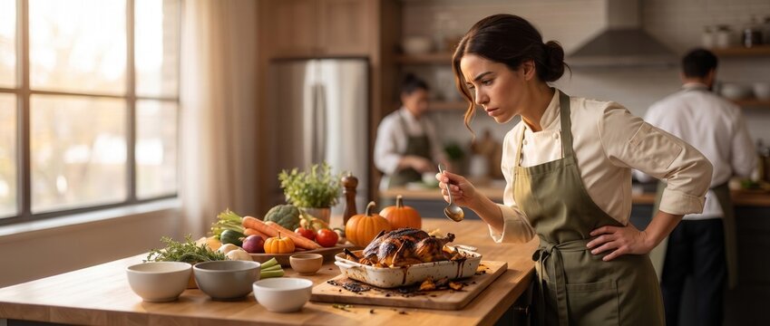 Female chef examining a roasting pan with a burnt chicken, showing frustration in a professional kitchen