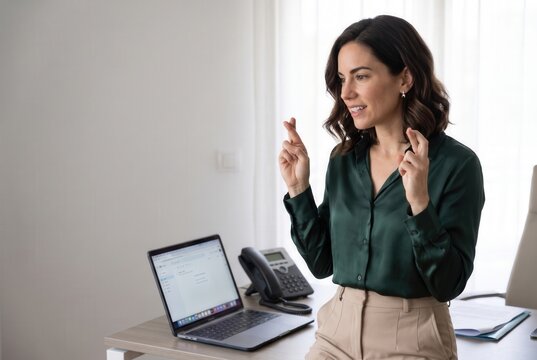 Businesswoman crossing fingers, standing in an office with a laptop, hoping for luck