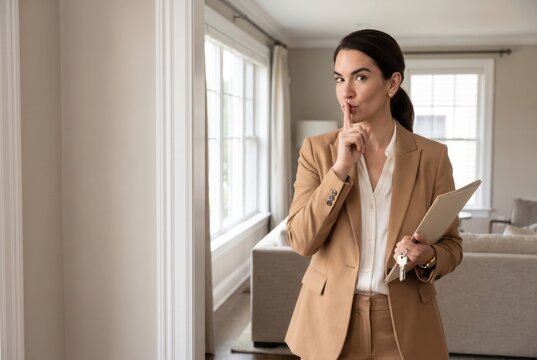 Professional woman real estate agent holding keys and making shush gesture