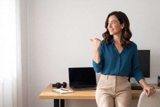 Attractive businesswoman smiling and pointing while standing in a modern office