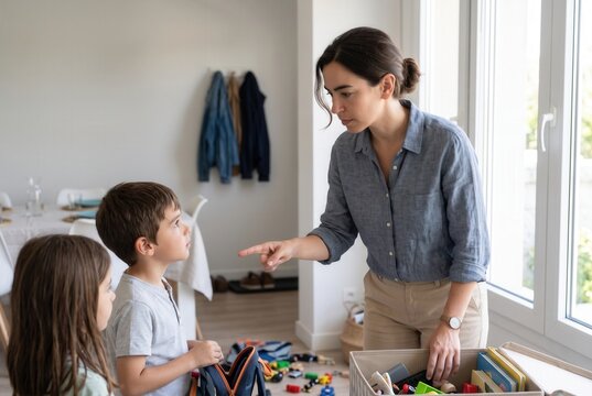Mother and kids cleaning up toys while learning about responsibility in a home interior